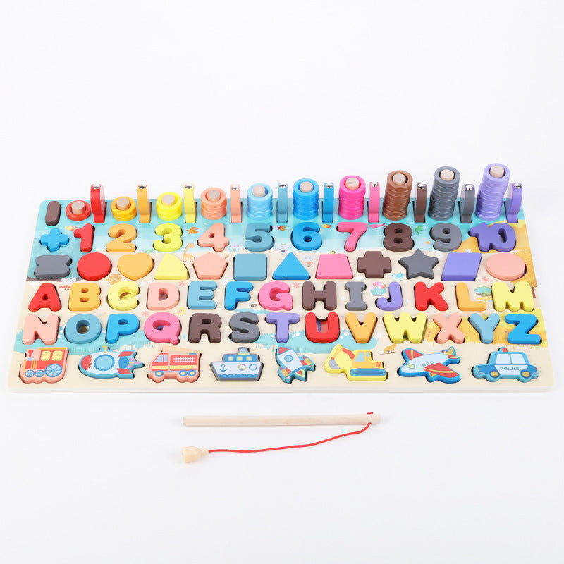 Colorful Montessori wooden educational toy board with alphabet letters, numbers, shapes, and fishing game for toddlers

