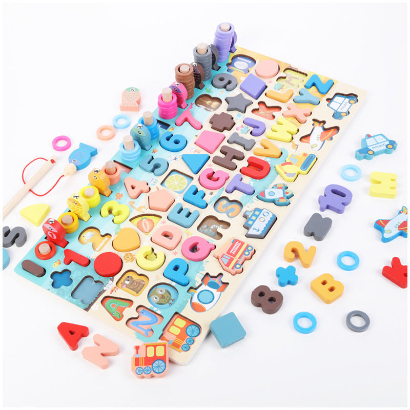 Colorful Montessori wooden educational toy board with alphabet letters, numbers, shapes, and fishing game for toddlers


