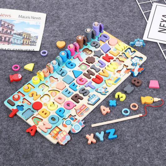 Colorful Montessori wooden educational toy board with alphabet letters, numbers, shapes, and fishing game for toddlers

