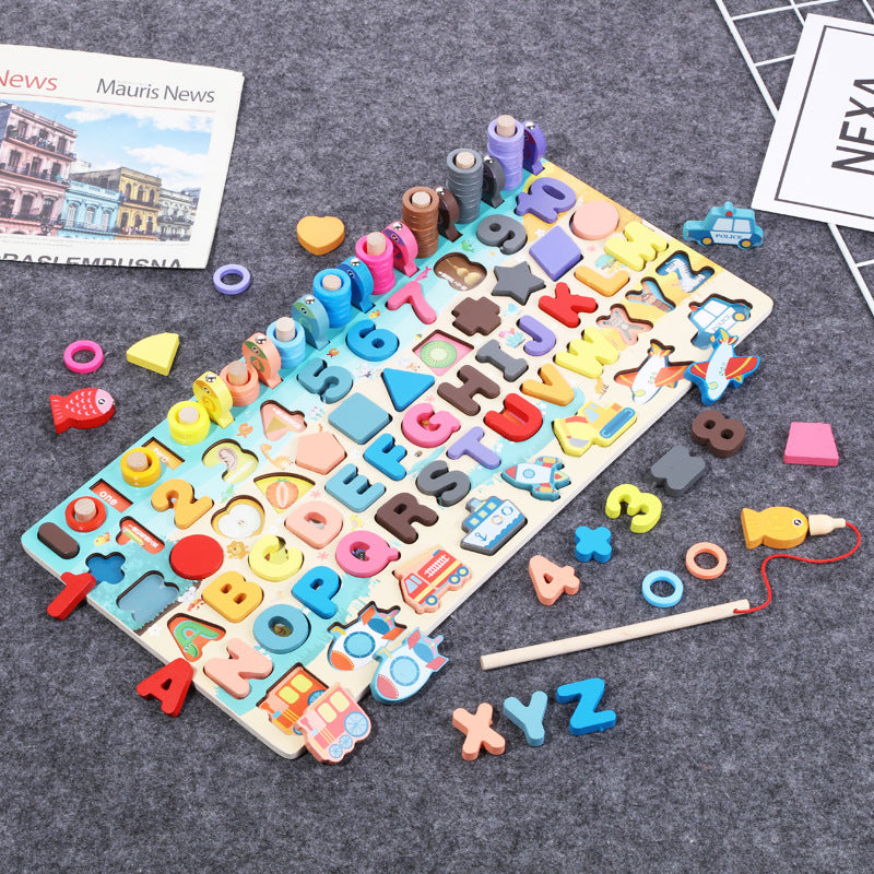 Colorful Montessori wooden educational toy board with alphabet letters, numbers, shapes, and fishing game for toddlers

