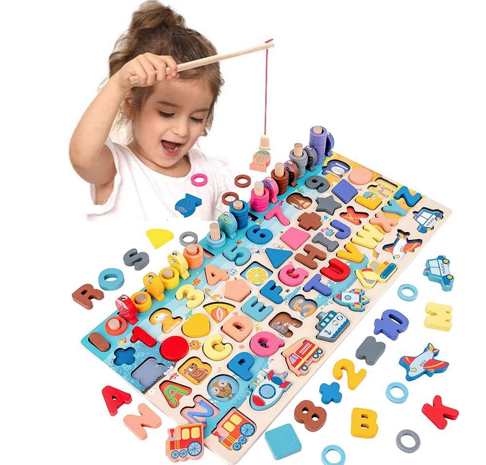 Colorful Montessori wooden educational toy board with alphabet letters, numbers, shapes, and fishing game for toddlers

