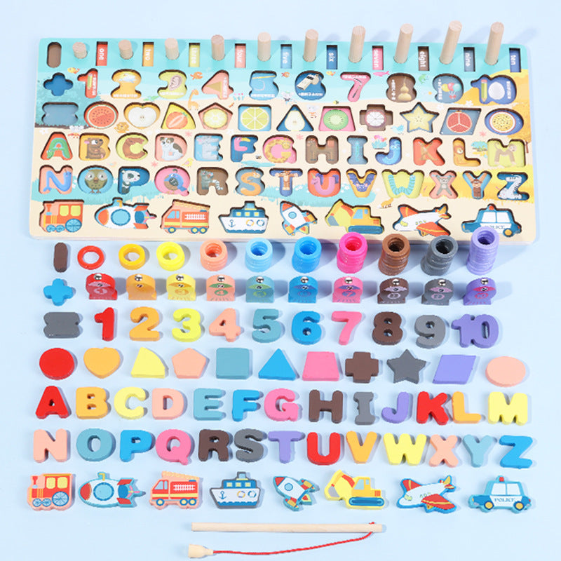 Colorful Montessori wooden educational toy board with alphabet letters, numbers, shapes, and fishing game for toddlers


